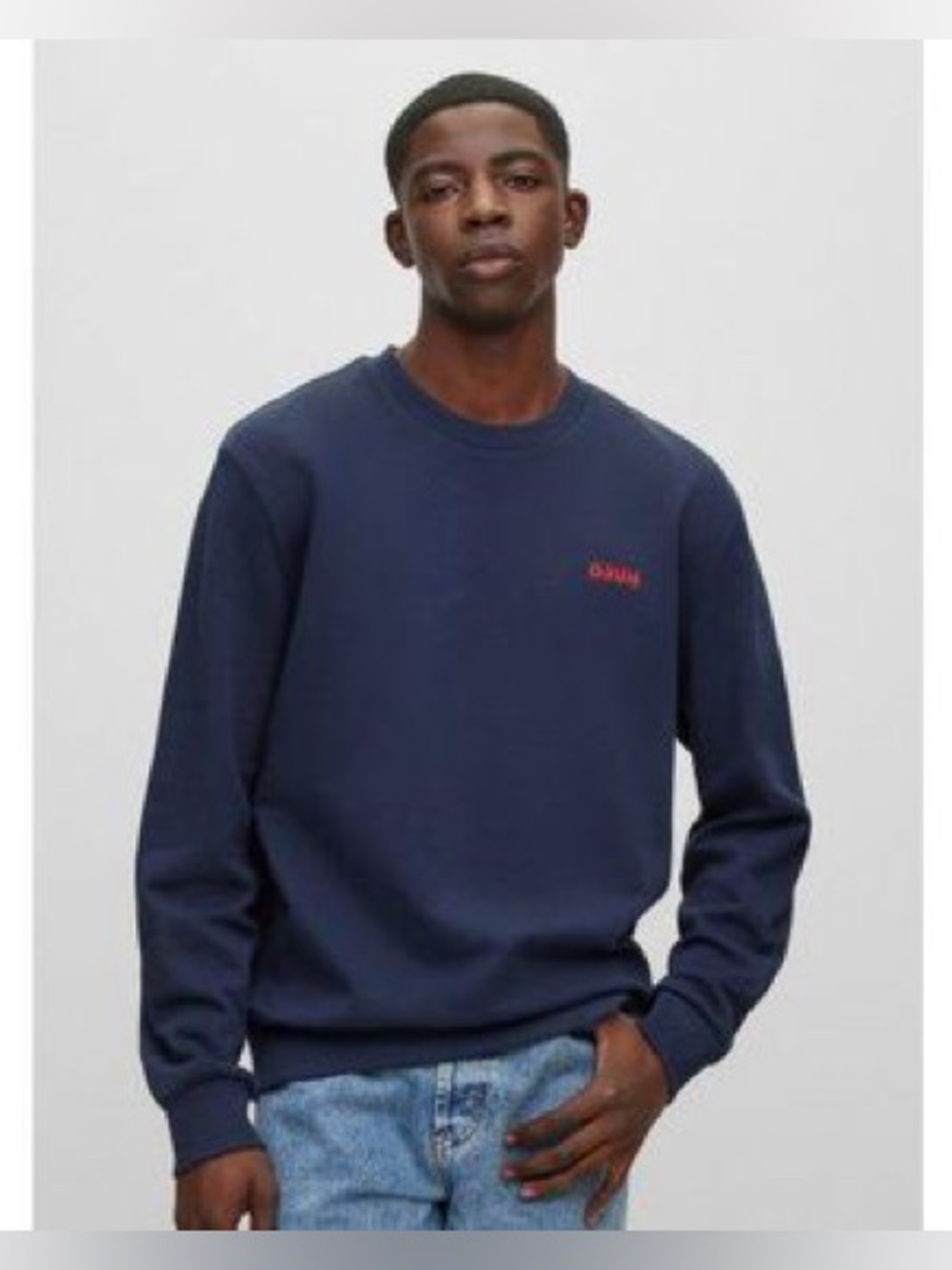 HUGO BOSS Men’s Crewneck Sweatshirt Navy Blue  Red Logo mirror logo Size XL / L